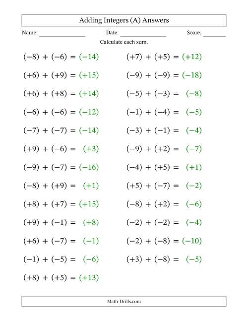 The Adding Mixed Integers from -9 to 9 (25 Questions; Large Print; All Parentheses) (A) Math Worksheet Page 2
