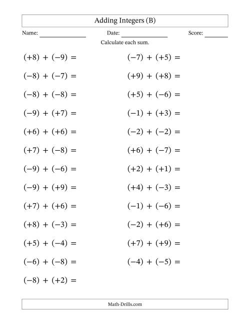 The Adding Mixed Integers from -9 to 9 (25 Questions; Large Print; All Parentheses) (B) Math Worksheet
