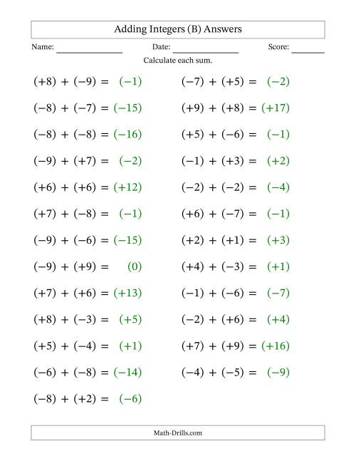The Adding Mixed Integers from -9 to 9 (25 Questions; Large Print; All Parentheses) (B) Math Worksheet Page 2
