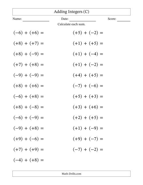 The Adding Mixed Integers from -9 to 9 (25 Questions; Large Print; All Parentheses) (C) Math Worksheet