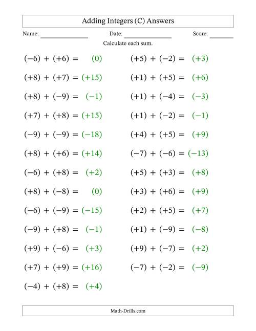 The Adding Mixed Integers from -9 to 9 (25 Questions; Large Print; All Parentheses) (C) Math Worksheet Page 2