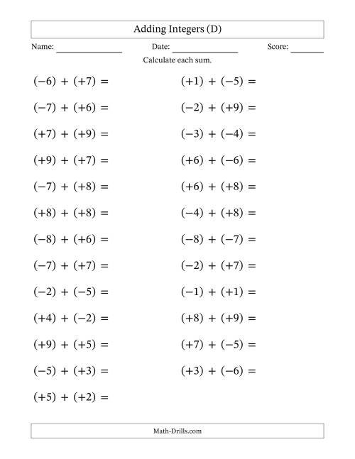 The Adding Mixed Integers from -9 to 9 (25 Questions; Large Print; All Parentheses) (D) Math Worksheet