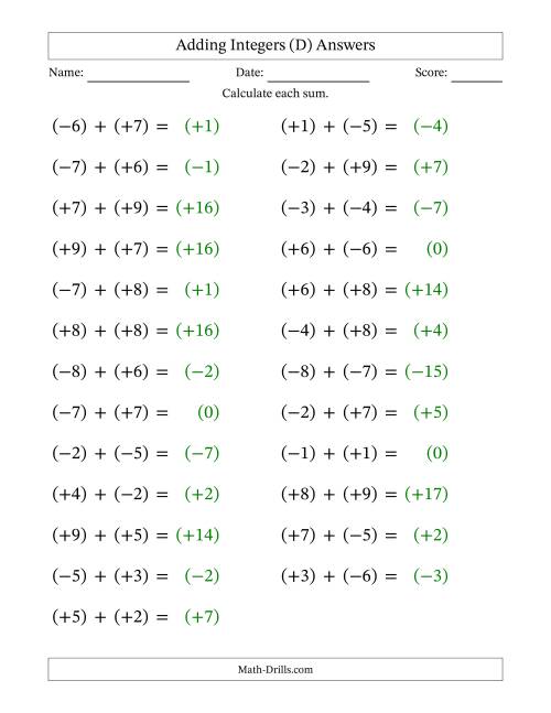 The Adding Mixed Integers from -9 to 9 (25 Questions; Large Print; All Parentheses) (D) Math Worksheet Page 2