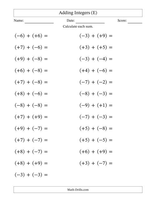 The Adding Mixed Integers from -9 to 9 (25 Questions; Large Print; All Parentheses) (E) Math Worksheet