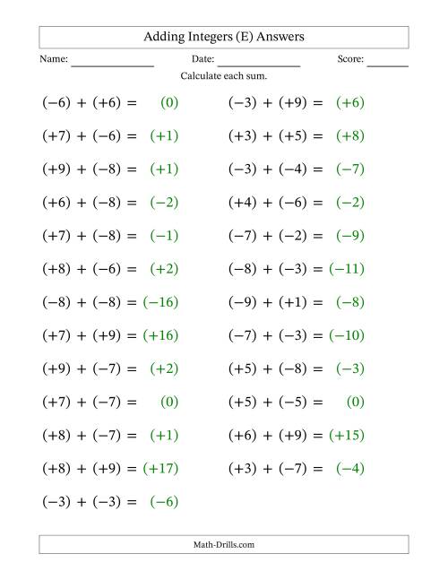 The Adding Mixed Integers from -9 to 9 (25 Questions; Large Print; All Parentheses) (E) Math Worksheet Page 2