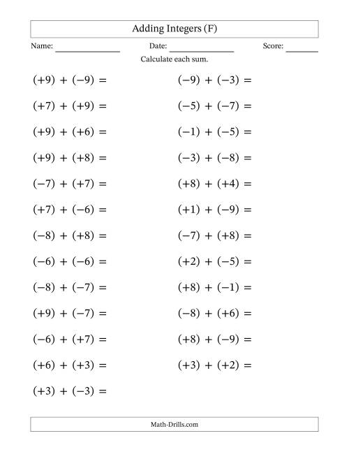 The Adding Mixed Integers from -9 to 9 (25 Questions; Large Print; All Parentheses) (F) Math Worksheet