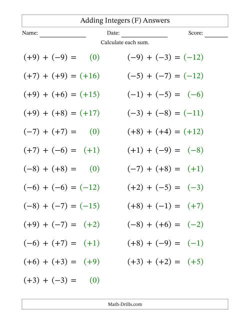 The Adding Mixed Integers from -9 to 9 (25 Questions; Large Print; All Parentheses) (F) Math Worksheet Page 2