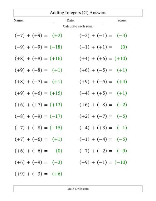 The Adding Mixed Integers from -9 to 9 (25 Questions; Large Print; All Parentheses) (G) Math Worksheet Page 2