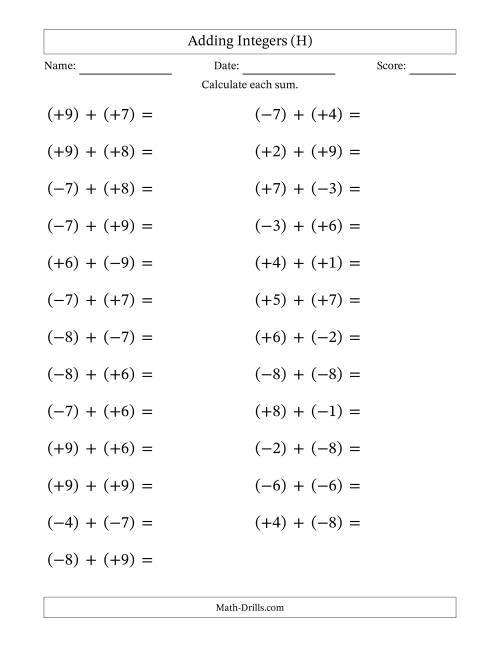 The Adding Mixed Integers from -9 to 9 (25 Questions; Large Print; All Parentheses) (H) Math Worksheet