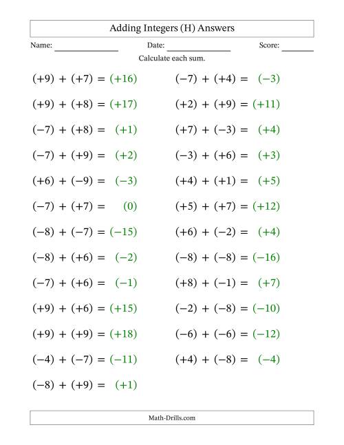 The Adding Mixed Integers from -9 to 9 (25 Questions; Large Print; All Parentheses) (H) Math Worksheet Page 2