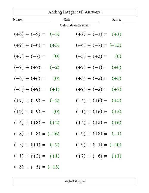 The Adding Mixed Integers from -9 to 9 (25 Questions; Large Print; All Parentheses) (I) Math Worksheet Page 2