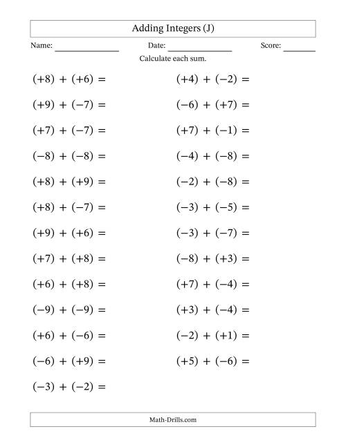 The Adding Mixed Integers from -9 to 9 (25 Questions; Large Print; All Parentheses) (J) Math Worksheet