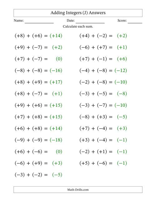 The Adding Mixed Integers from -9 to 9 (25 Questions; Large Print; All Parentheses) (J) Math Worksheet Page 2