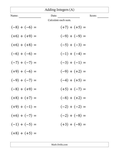 The Adding Mixed Integers from -9 to 9 (25 Questions; Large Print; All Parentheses) (All) Math Worksheet