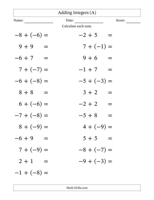 The Adding Mixed Integers from -9 to 9 (25 Questions; Large Print) (A) Math Worksheet