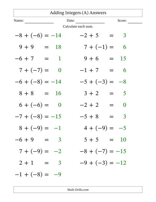 The Adding Mixed Integers from -9 to 9 (25 Questions; Large Print) (A) Math Worksheet Page 2