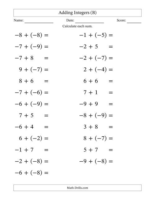 The Adding Mixed Integers from -9 to 9 (25 Questions; Large Print) (B) Math Worksheet