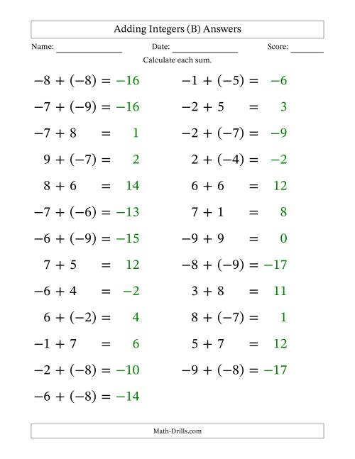 The Adding Mixed Integers from -9 to 9 (25 Questions; Large Print) (B) Math Worksheet Page 2
