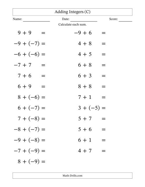 The Adding Mixed Integers from -9 to 9 (25 Questions; Large Print) (C) Math Worksheet
