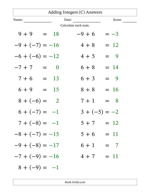 The Adding Mixed Integers from -9 to 9 (25 Questions; Large Print) (C) Math Worksheet Page 2