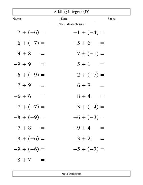 The Adding Mixed Integers from -9 to 9 (25 Questions; Large Print) (D) Math Worksheet