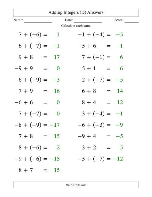 The Adding Mixed Integers from -9 to 9 (25 Questions; Large Print) (D) Math Worksheet Page 2