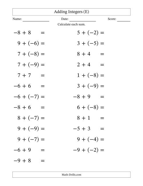 The Adding Mixed Integers from -9 to 9 (25 Questions; Large Print) (E) Math Worksheet