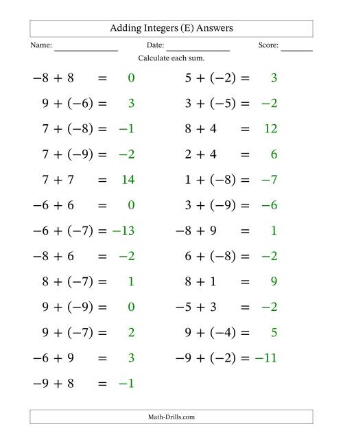 The Adding Mixed Integers from -9 to 9 (25 Questions; Large Print) (E) Math Worksheet Page 2