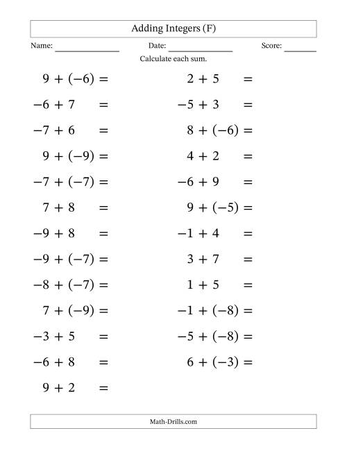 The Adding Mixed Integers from -9 to 9 (25 Questions; Large Print) (F) Math Worksheet