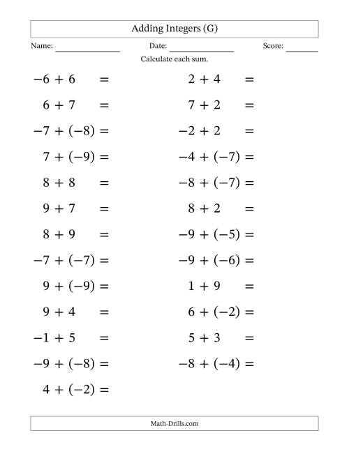 The Adding Mixed Integers from -9 to 9 (25 Questions; Large Print) (G) Math Worksheet