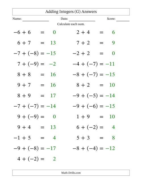 The Adding Mixed Integers from -9 to 9 (25 Questions; Large Print) (G) Math Worksheet Page 2