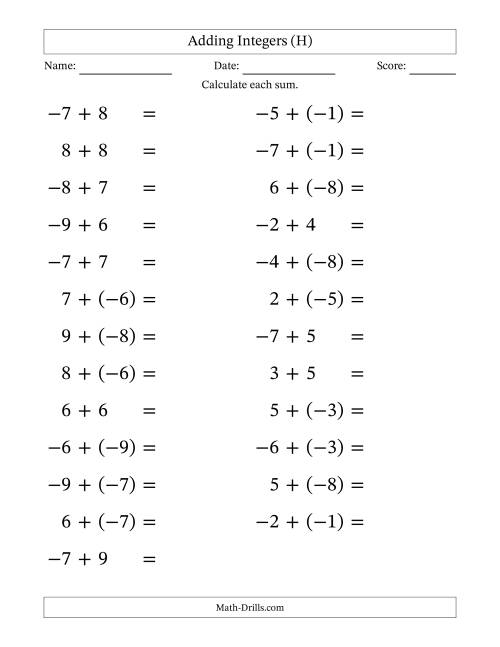 The Adding Mixed Integers from -9 to 9 (25 Questions; Large Print) (H) Math Worksheet