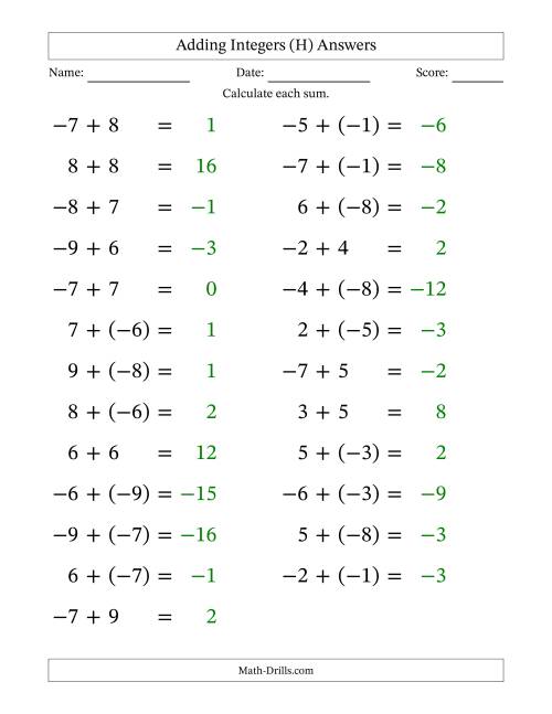 The Adding Mixed Integers from -9 to 9 (25 Questions; Large Print) (H) Math Worksheet Page 2