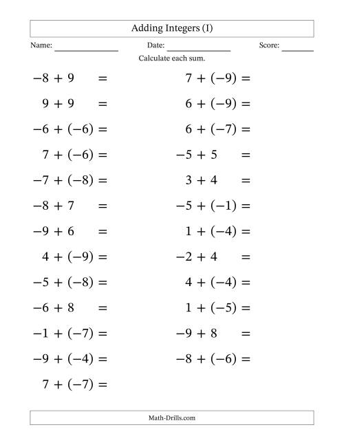 The Adding Mixed Integers from -9 to 9 (25 Questions; Large Print) (I) Math Worksheet