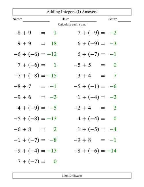 The Adding Mixed Integers from -9 to 9 (25 Questions; Large Print) (I) Math Worksheet Page 2