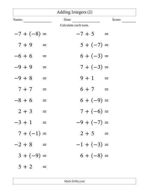 The Adding Mixed Integers from -9 to 9 (25 Questions; Large Print) (J) Math Worksheet