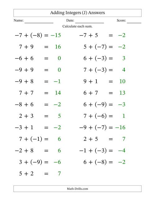 The Adding Mixed Integers from -9 to 9 (25 Questions; Large Print) (J) Math Worksheet Page 2