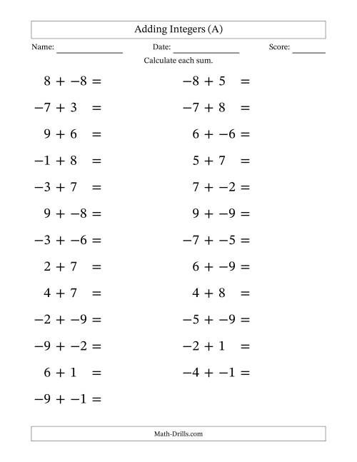The Adding Mixed Integers from -9 to 9 (25 Questions; Large Print; No Parentheses) (A) Math Worksheet