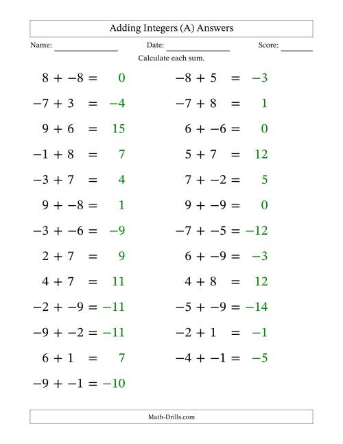 The Adding Mixed Integers from -9 to 9 (25 Questions; Large Print; No Parentheses) (A) Math Worksheet Page 2