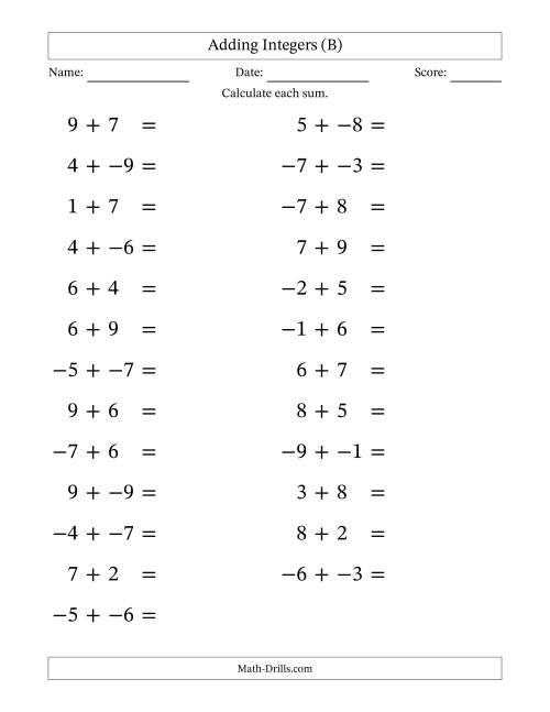 The Adding Mixed Integers from -9 to 9 (25 Questions; Large Print; No Parentheses) (B) Math Worksheet