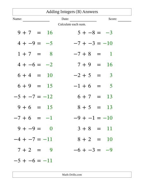 The Adding Mixed Integers from -9 to 9 (25 Questions; Large Print; No Parentheses) (B) Math Worksheet Page 2