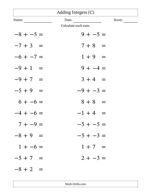 The Adding Mixed Integers from -9 to 9 (25 Questions; Large Print; No Parentheses) (C) Math Worksheet