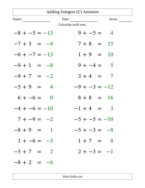 The Adding Mixed Integers from -9 to 9 (25 Questions; Large Print; No Parentheses) (C) Math Worksheet Page 2