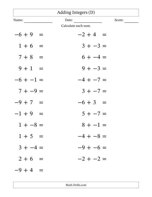 The Adding Mixed Integers from -9 to 9 (25 Questions; Large Print; No Parentheses) (D) Math Worksheet