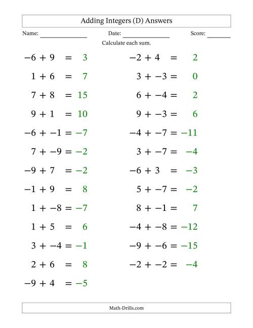 The Adding Mixed Integers from -9 to 9 (25 Questions; Large Print; No Parentheses) (D) Math Worksheet Page 2