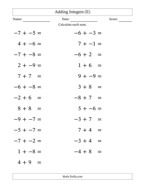 The Adding Mixed Integers from -9 to 9 (25 Questions; Large Print; No Parentheses) (E) Math Worksheet