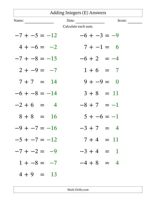 The Adding Mixed Integers from -9 to 9 (25 Questions; Large Print; No Parentheses) (E) Math Worksheet Page 2