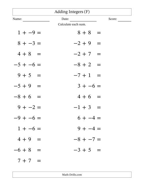 The Adding Mixed Integers from -9 to 9 (25 Questions; Large Print; No Parentheses) (F) Math Worksheet