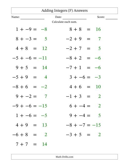The Adding Mixed Integers from -9 to 9 (25 Questions; Large Print; No Parentheses) (F) Math Worksheet Page 2