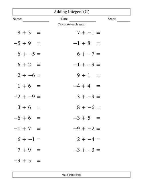 The Adding Mixed Integers from -9 to 9 (25 Questions; Large Print; No Parentheses) (G) Math Worksheet
